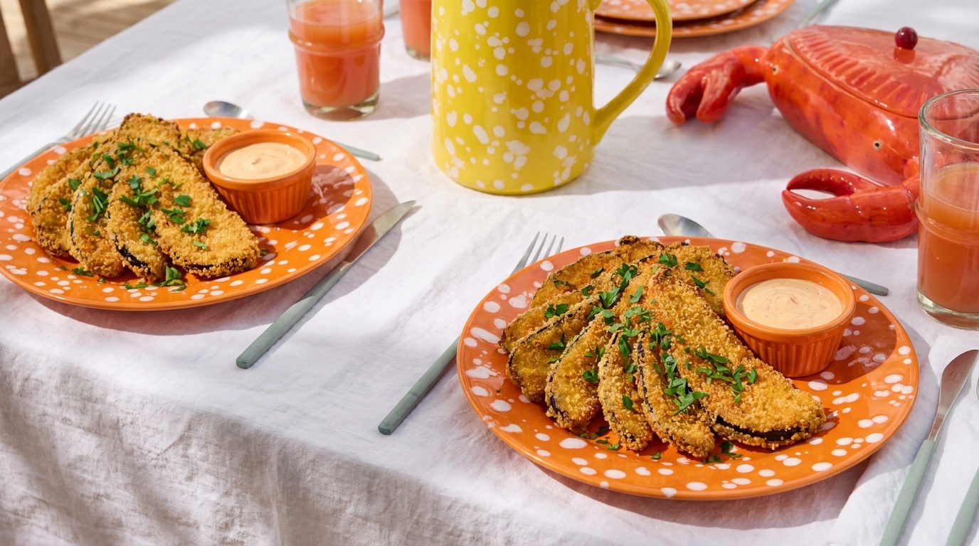 Zwei Teller mit panierten Avocadoscheiben, jeweils mit Petersilie bestreut und einem kleinen Schälchen Dip, serviert auf orangen, gepunkteten Tellern.