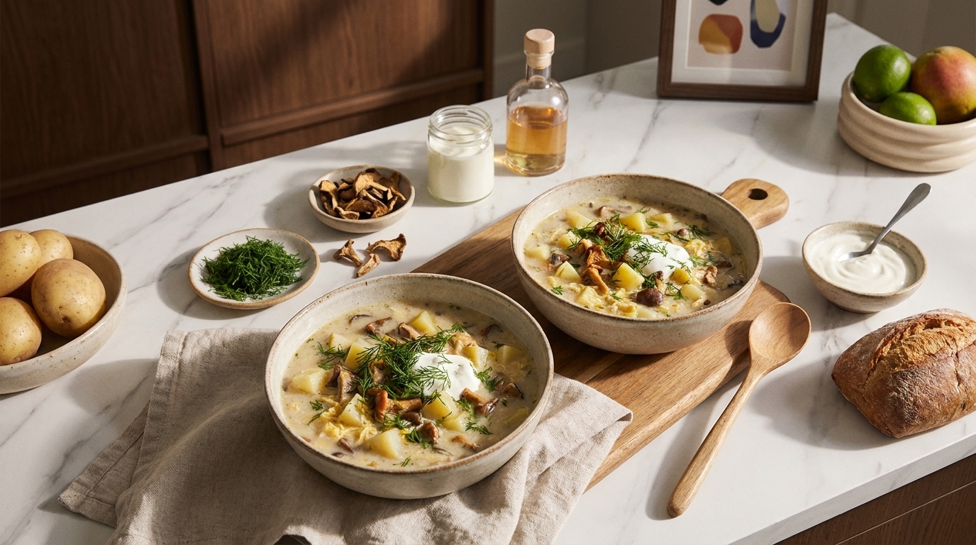 Zwei Schalen cremige Kartoffelsuppe mit Kräutern und einem Klecks Sauerrahm auf einem Holzbrett, daneben Brot und frische Kartoffeln.
