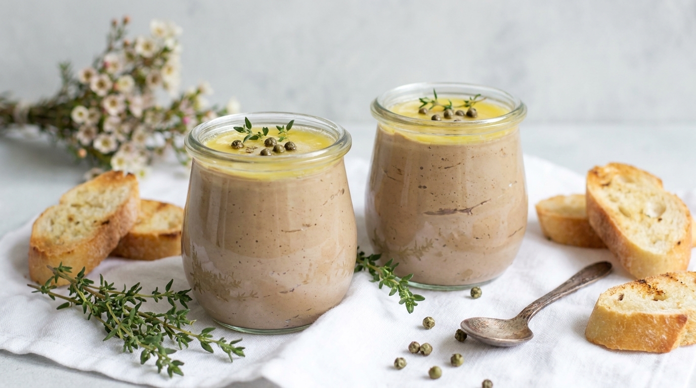 Zwei kleine Gläser mit cremiger Pastete, jeweils mit Kapern und frischen Kräutern garniert; dazu geröstete Baguettescheiben und ein Löffel auf einer weißen Tuchunterlage.