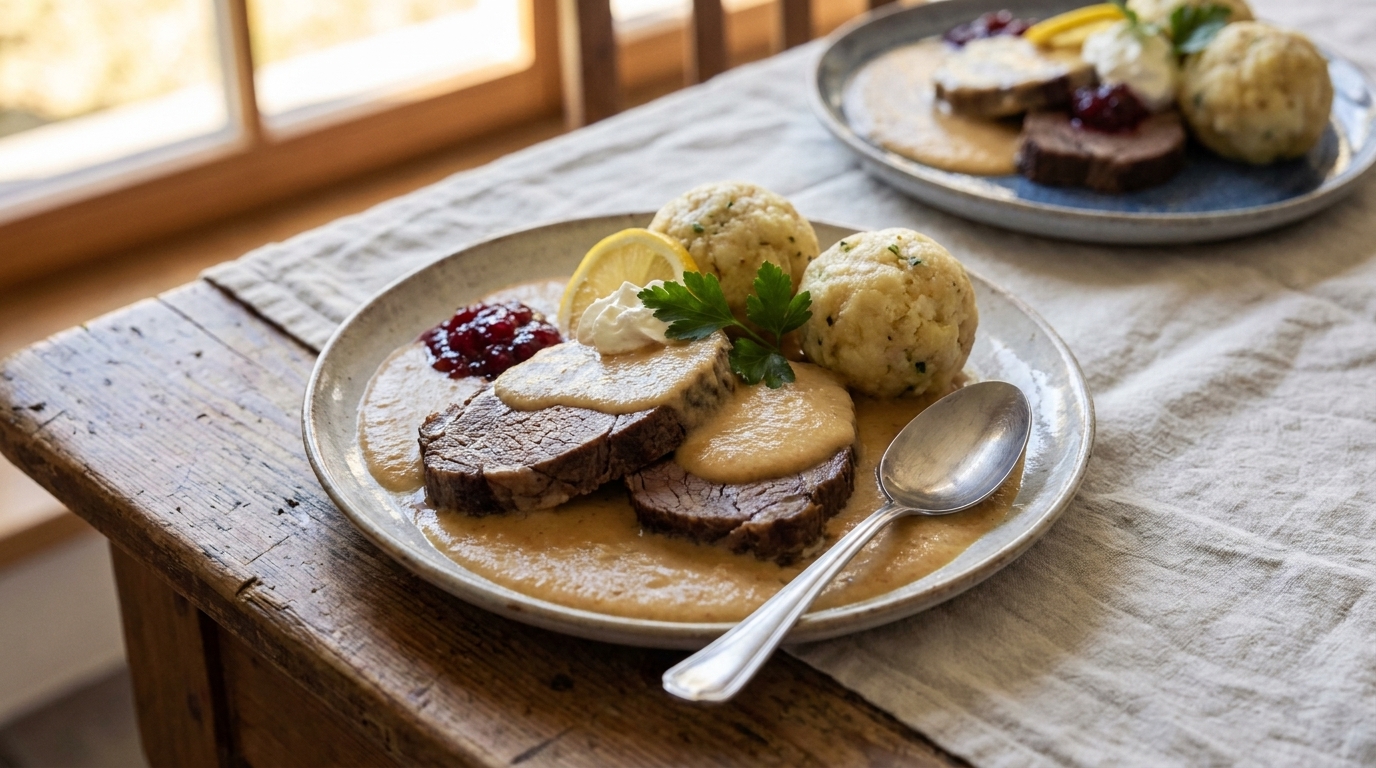 Zwei Teller mit Rinderscheiben in heller Bratensoße, dazu Semmelknödel, Preiselbeermarmelade, Zitronenscheibe und Petersiliengarnitur; auf dem vorderen Teller liegt ein Löffel.