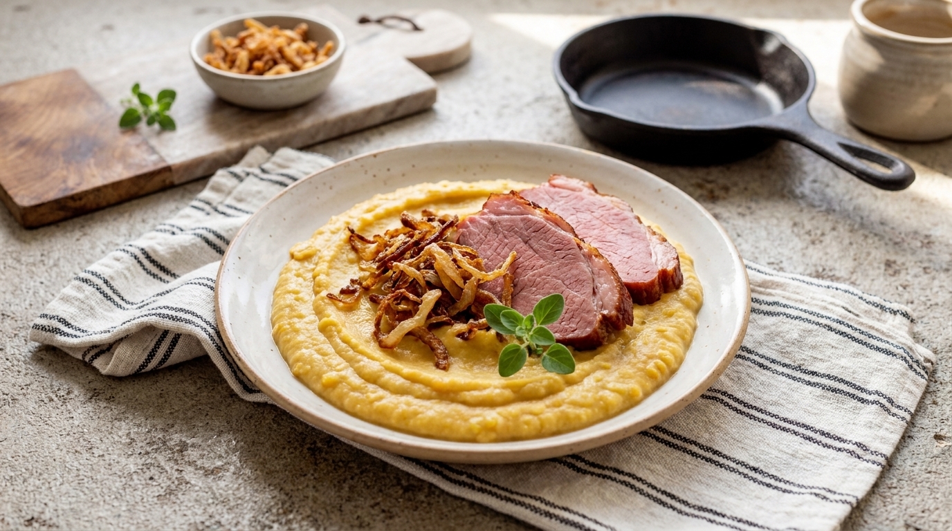 Eine Schale cremiger Polenta, belegt mit zwei Scheiben gebratenem Fleisch, knusprigen Röstzwiebeln und einem kleinen Kräuterzweig als Garnitur.