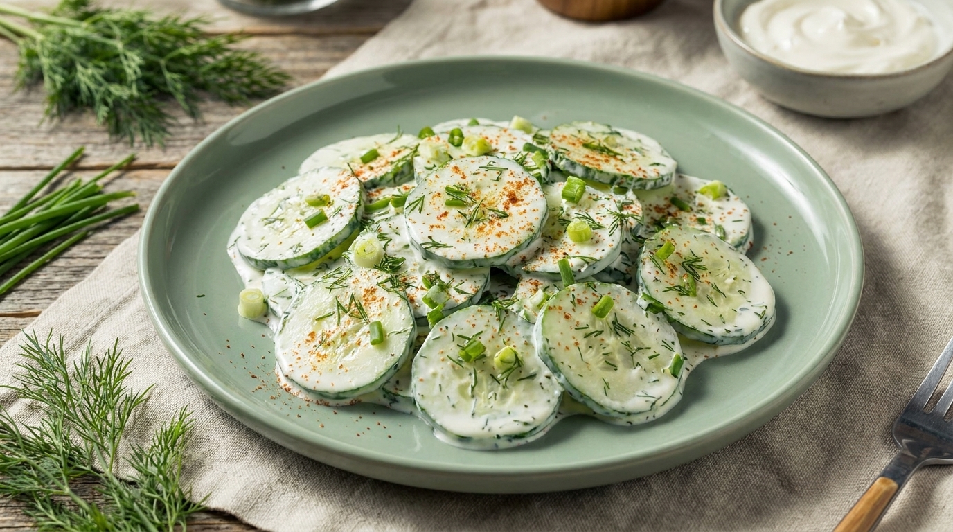 Teller mit dünnen Gurkenscheiben in cremigem Joghurt‑Dill‑Dressing, garniert mit gehackten Frühlingszwiebeln und frischem Dill.