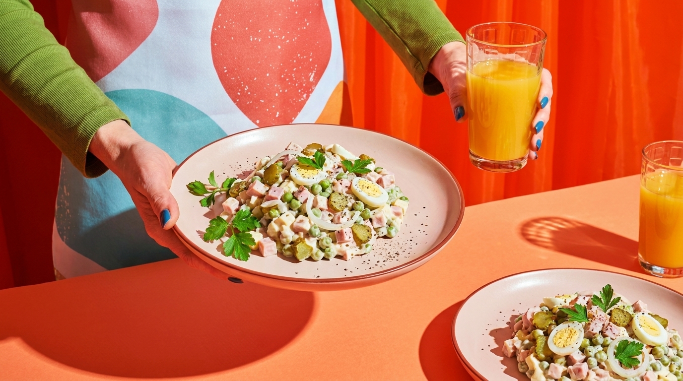 Teller mit cremigem Salat aus gehackten Zutaten, halbierten Eiern, grünen Erbsen und Petersilienblättern; eine Person hält daneben ein Glas Orangensaft.