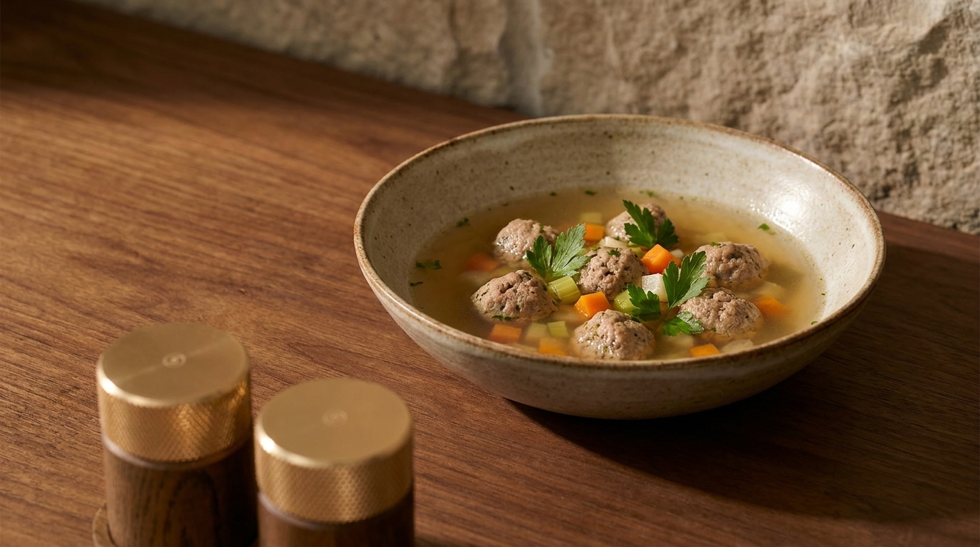 Schale mit klarer Fleischbällchensuppe: Brühe mit kleinen Fleischbällchen, gewürfelten Karotten und Sellerie, garniert mit frischer Petersilie.