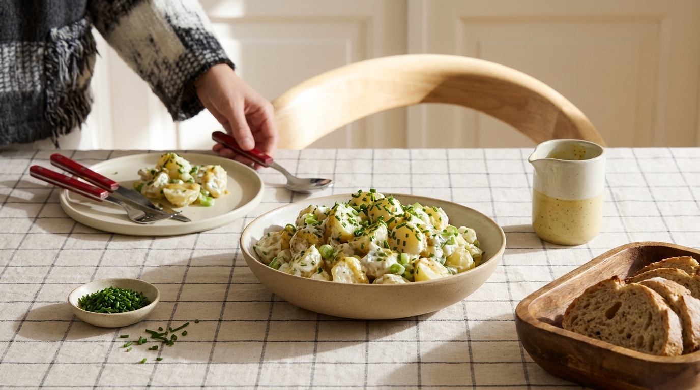 Hand serviert Kartoffelsalat aus einer großen Schüssel auf einem karierten Tisch; daneben ein Teller mit Portion, kleines Schälchen Schnittlauch, Kännchen Salatsauce und Brot.