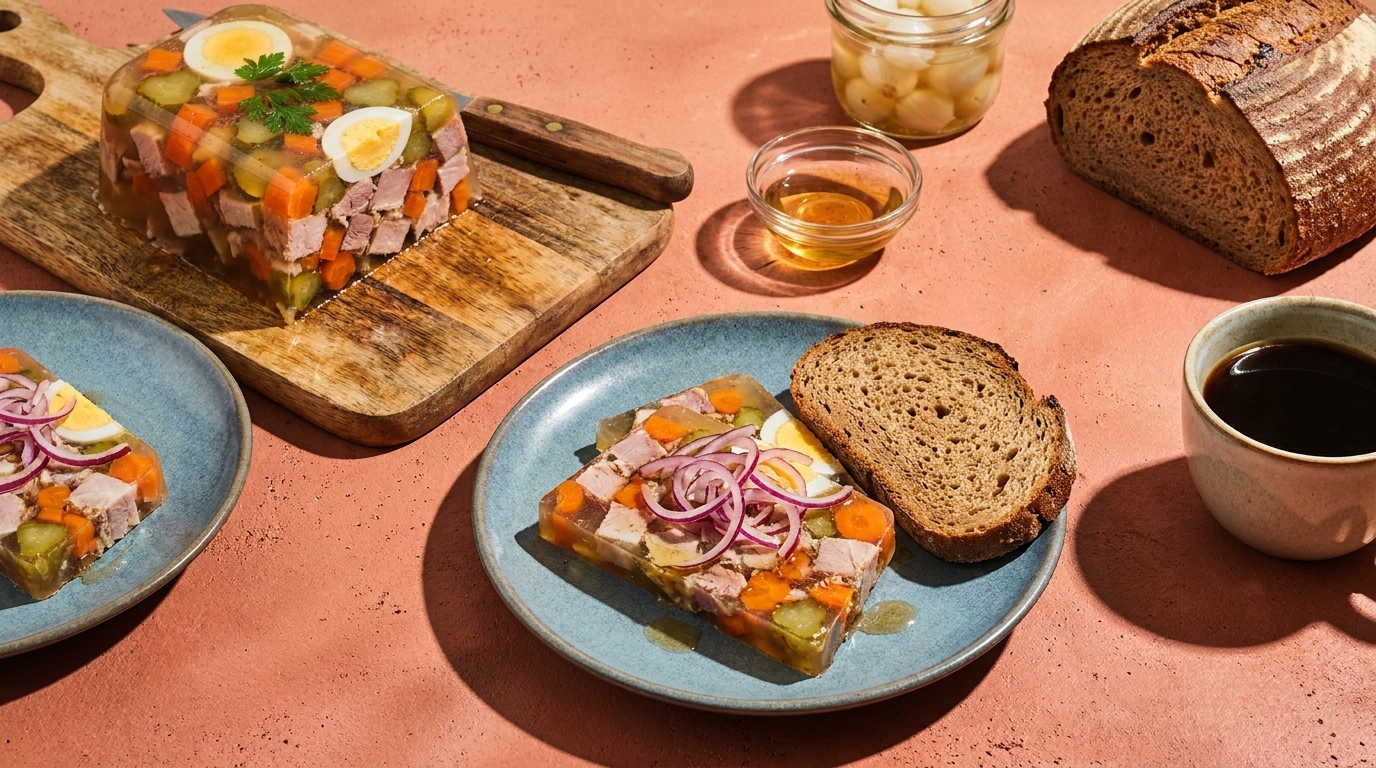 Fleischsülze im Aspik auf Tellern, garniert mit eingelegten roten Zwiebeln und Ei, serviert mit dunklem Bauernbrot.