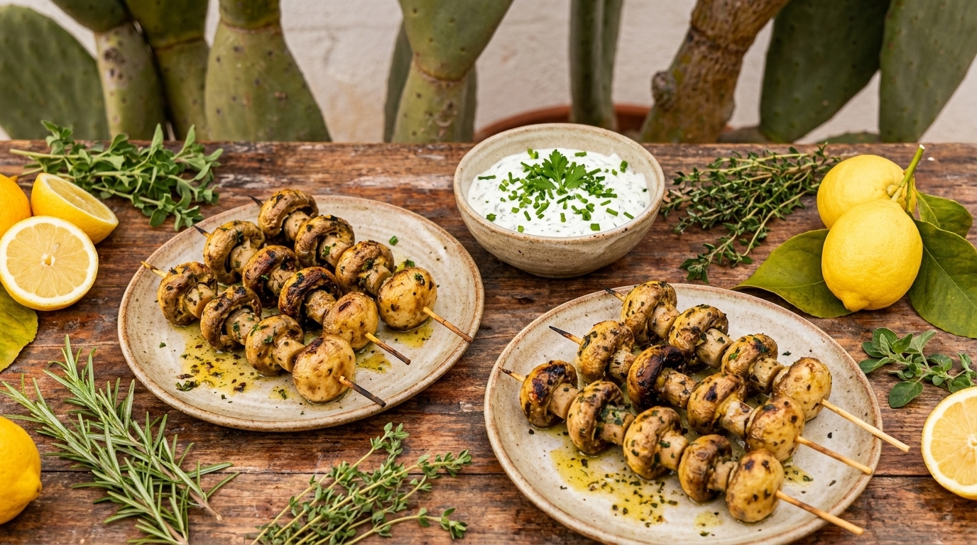 Zwei Teller mit gegrillten Champignonspießen, daneben Schüssel mit Kräuter-Dip, Zitronen und frische Kräuter garniert.