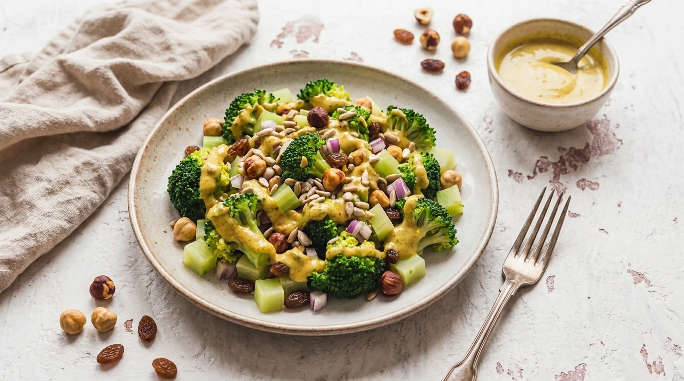 Teller mit Brokkoli-Salat aus Brokkoliröschen, gewürfelter Gurke, roten Zwiebelwürfeln, Sonnenblumenkernen und gerösteten Haselnüssen, garniert mit cremigem Senf-Dressing.