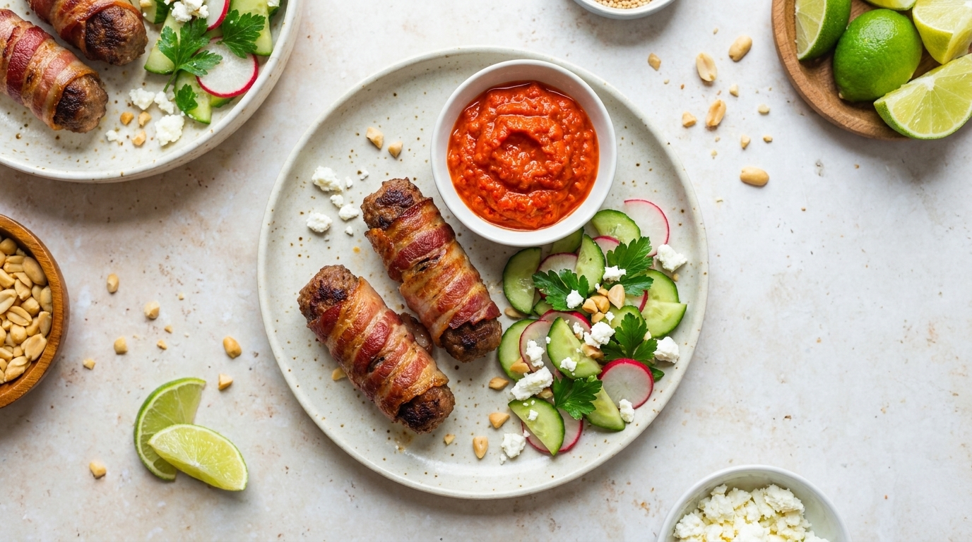 Zwei mit Speck umwickelte Fleischröllchen auf einem Teller, daneben eine Schale mit roter Dip‑Sauce und ein Salat aus Gurkenscheiben und Radieschen, Koriander, zerbröseltem Käse sowie Limettenscheibe und verstreuten Erdnüssen.