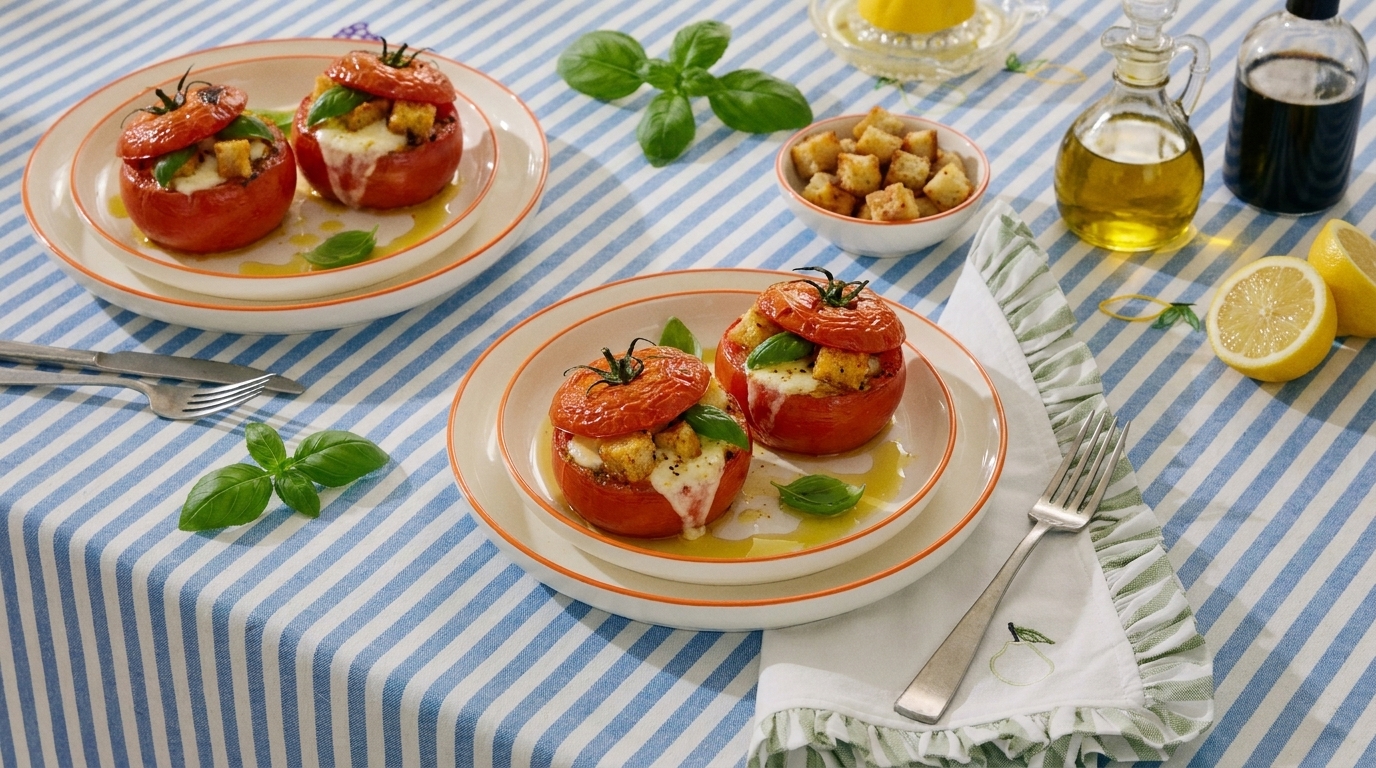 Zwei Teller mit jeweils zwei gebackenen, mit geschmolzenem Käse und frischem Basilikum gefüllten Tomaten, oben je eine Tomatenscheibe, mit Olivenöl beträufelt.
