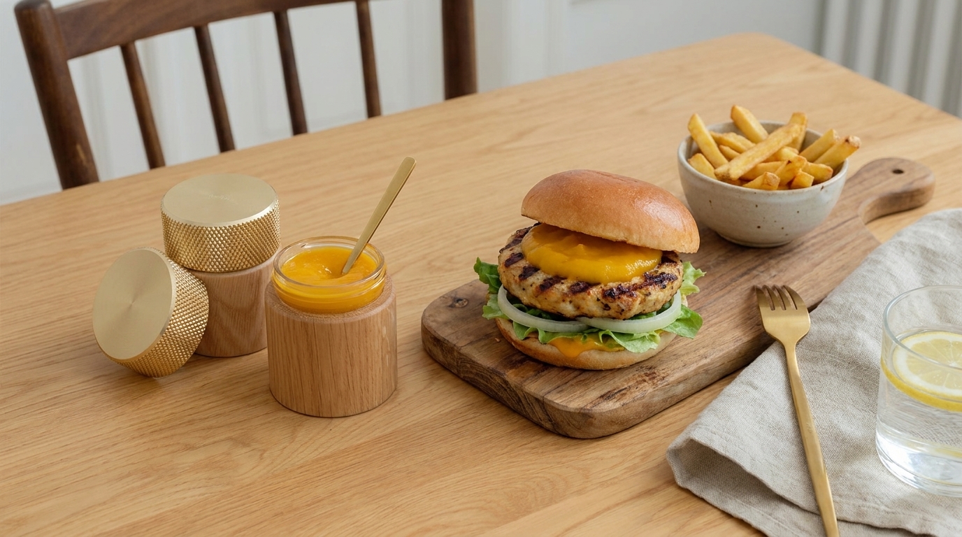 Cheeseburger mit geschmolzenem Käse und Salat auf einem Holzbrett, daneben eine Schale Pommes, ein offenes Glas mit gelber Sauce und Löffel, Besteck und ein Glas Wasser mit Zitronenscheibe.