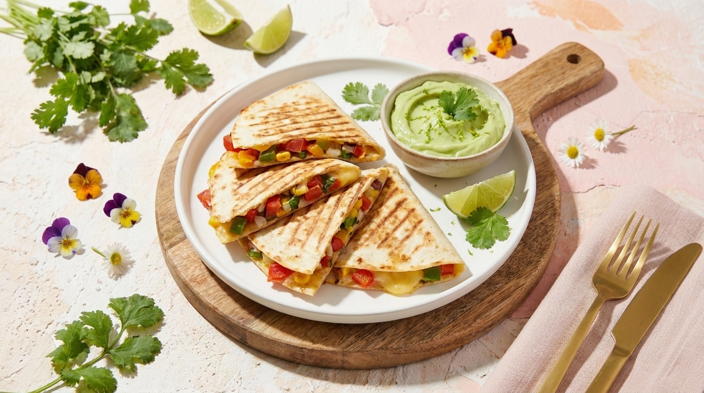 Gegrillte Quesadillas mit bunter Gemüsefüllung, in Dreiecke geschnitten, serviert auf Teller mit grüner Guacamole, Limettenviertel und Koriander.