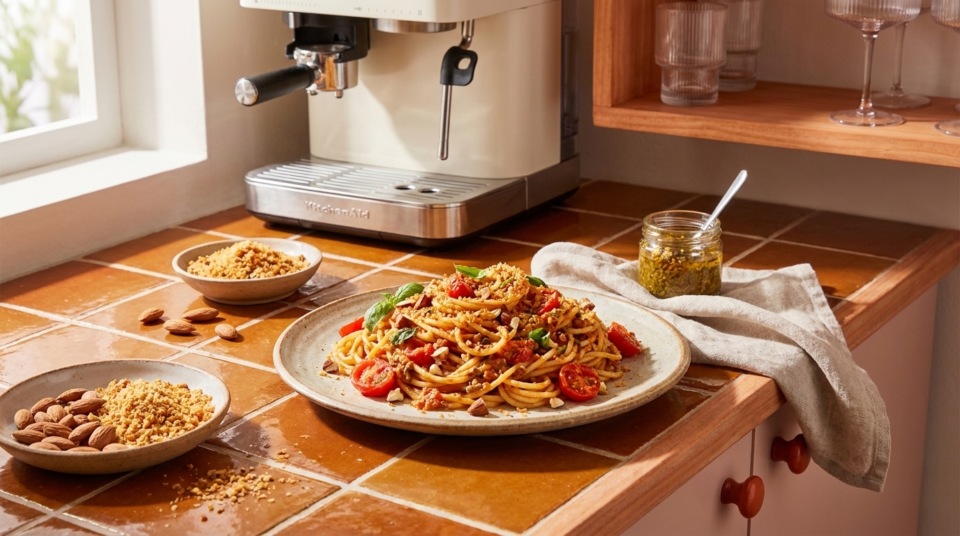 Teller mit Spaghetti, Kirschtomaten und Kräutern auf einer Küchenarbeitsplatte, daneben ein Glas Pesto mit Löffel und kleine Schälchen mit geriebenem Käse und Mandeln; Espressomaschine im Hintergrund.