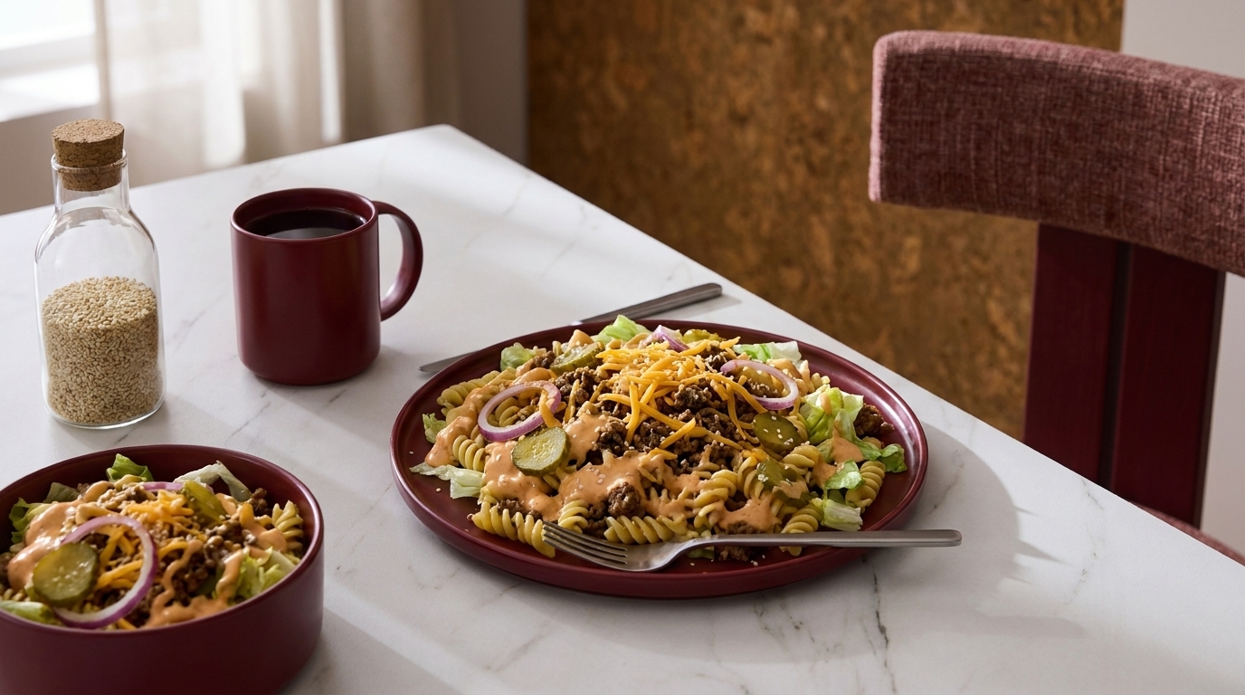 Teller mit Nudelsalat aus Spiralnudeln, Salat, Gurkenscheiben, gewürztem Hackfleisch, geriebenem Käse und Dressing; Gabel auf dem Teller.