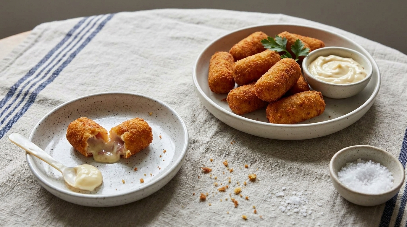 Goldbraune Käsekroketten auf Tellern mit kleinem Dip; eine aufgeschnittene Krokette zeigt zerlaufenen Käse, mit Petersilie garniert und Salz daneben.