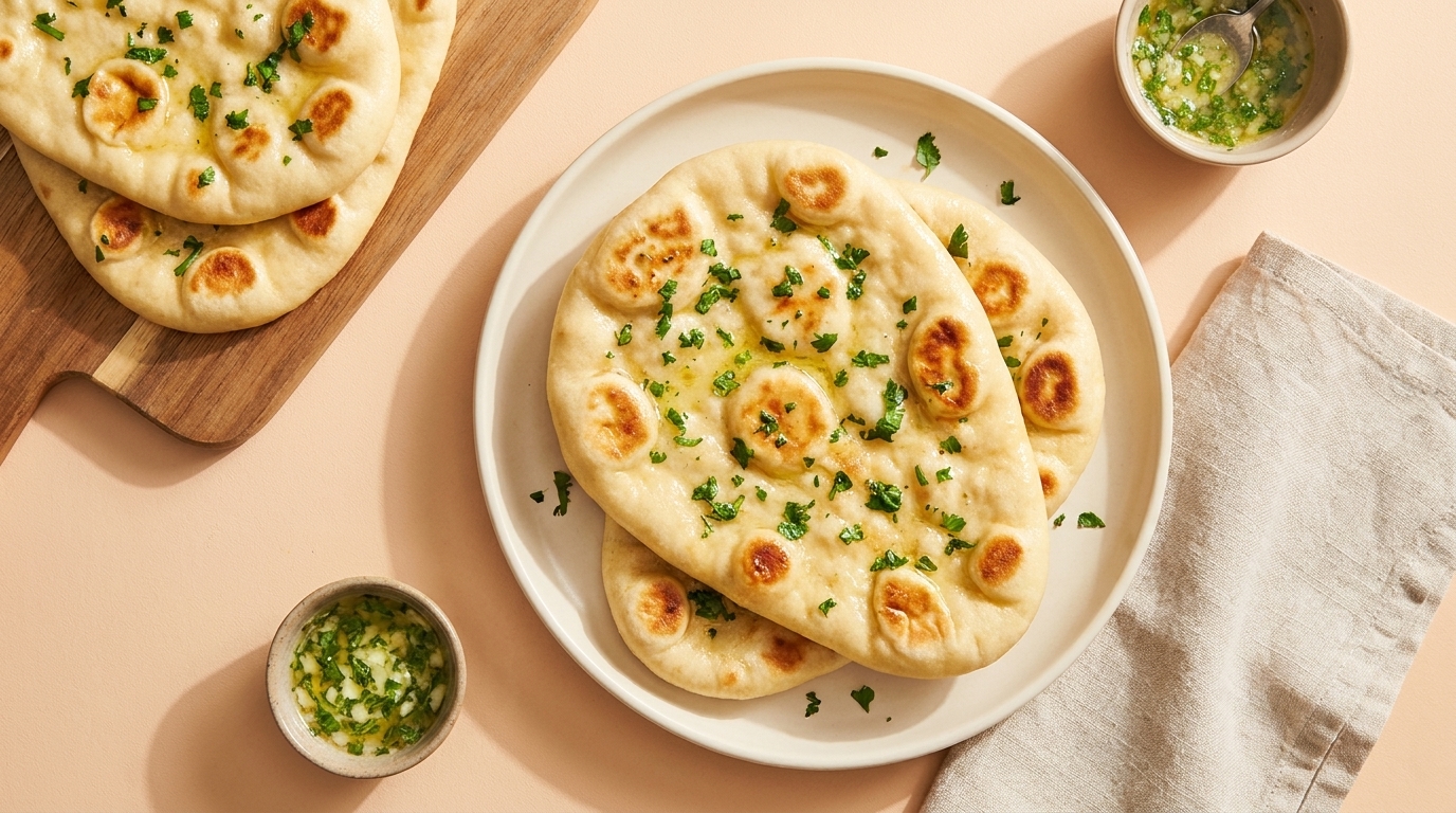 Zwei frisch gebackene Naan-Brote auf einem Teller, goldbraun gebräunt und mit gehackter Petersilie sowie Knoblauchbutter beträufelt.