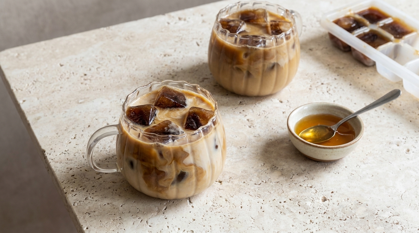 Zwei gläserne Becher mit Eiskaffee, in denen Milch und Kaffee um Eiswürfel wirbeln; daneben eine kleine Schale mit Honig und Löffel sowie ein Fach mit gefrorenen Kaffeewürfeln.