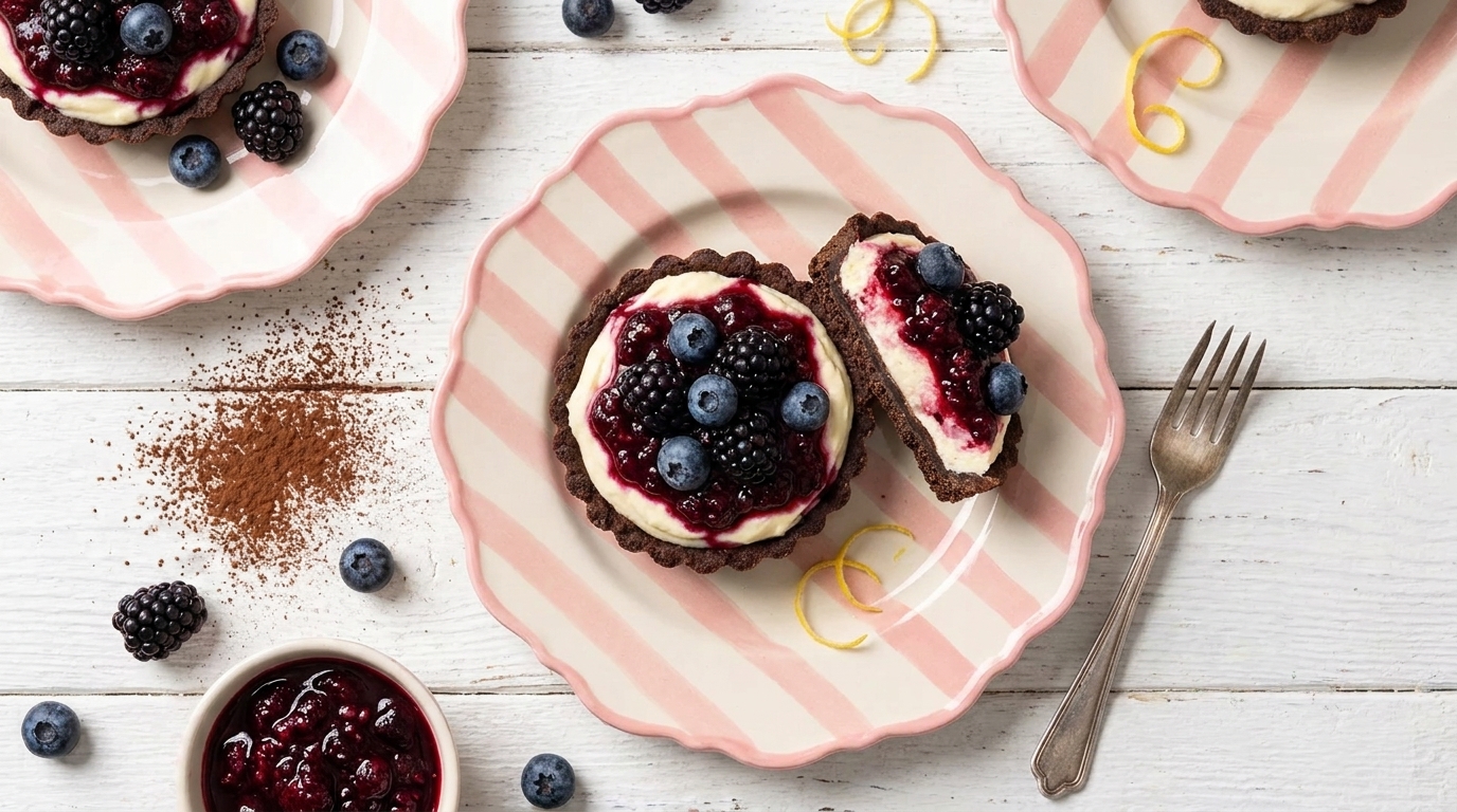 Zwei kleine Beeren-Törtchen auf roségestreiften Tellern: eines ganz, eines halbiert, mit heller Creme und dunkler Beerensoße, garniert mit Blaubeeren und Brombeeren.