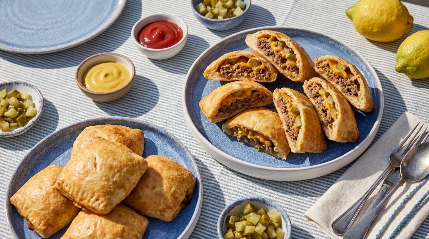 Goldbraune gebackene Teigtaschen (Empanadas) mit würziger Hackfleischfüllung, einige halbiert auf blauen Tellern, serviert mit Senf, Ketchup und Gewürzgurken.