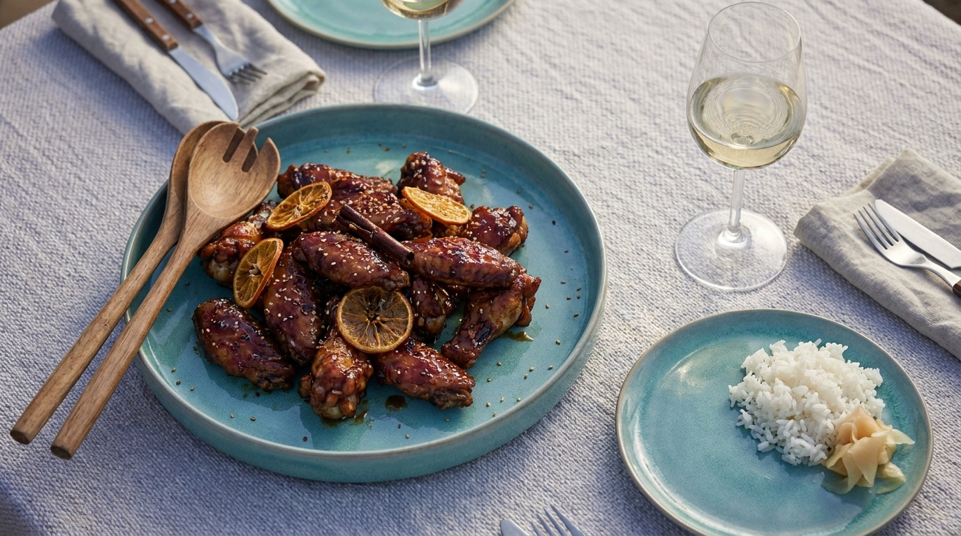 Gebratene, glasierte Hähnchenflügel mit Zitronenscheiben und Sesam auf einem großen türkisfarbenen Teller; daneben kleiner Teller mit weißem Reis und eingelegtem Ingwer, dazu zwei Gläser Weißwein.