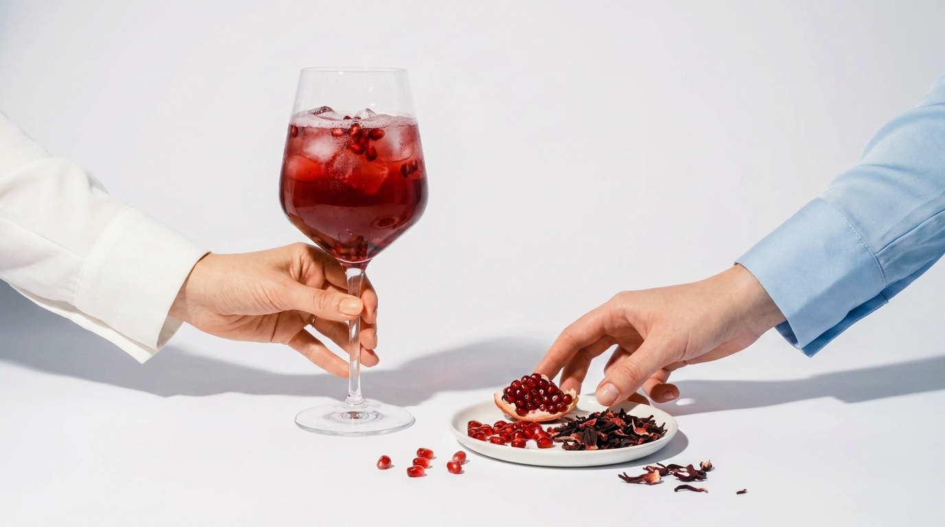 Zwei Hände: links hält ein Glas mit rotem Getränk und Granatapfelkernen, rechts greift zu einem kleinen Teller mit Granatapfelkernen und Schalenstücken.