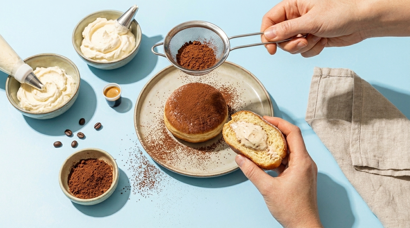 Hände bestäuben einen mit Creme gefüllten Krapfen auf einem Teller mit Kakao durch ein Sieb; eine Hand hält die aufgeschnittene Hälfte mit sichtbarer Füllung, Schalen mit Creme und Kakaopulver daneben.
