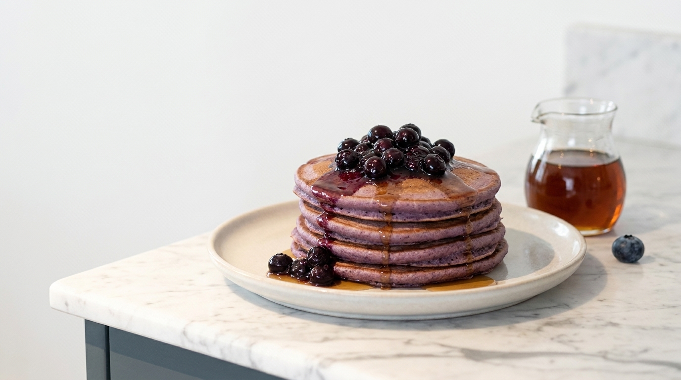 Stapel lila Blaubeer-Pfannkuchen auf einem Teller, übergossen mit Ahornsirup und garniert mit frischen Blaubeeren; daneben eine kleine Glaskanne mit Sirup auf einer Marmorfläche.