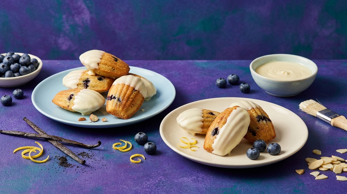 Nahaufnahme zweier Teller mit Blaubeer-Madeleines, teils mit weißer Glasur, begleitet von frischen Blaubeeren, Vanilleschoten, Zitronenzesten, Mandelblättchen und einer Schale Vanillecreme.