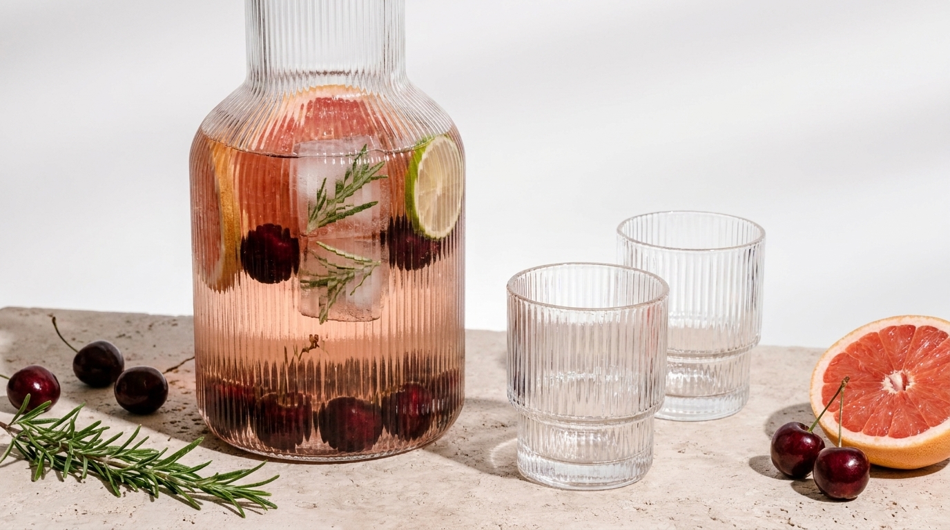 Glaskaraffe mit rosafarbenem Getränk, Kirschen, Limettenscheiben und Rosmarinzweig; daneben zwei geriffelte Gläser, einige Kirschen und eine halbierte Grapefruit.