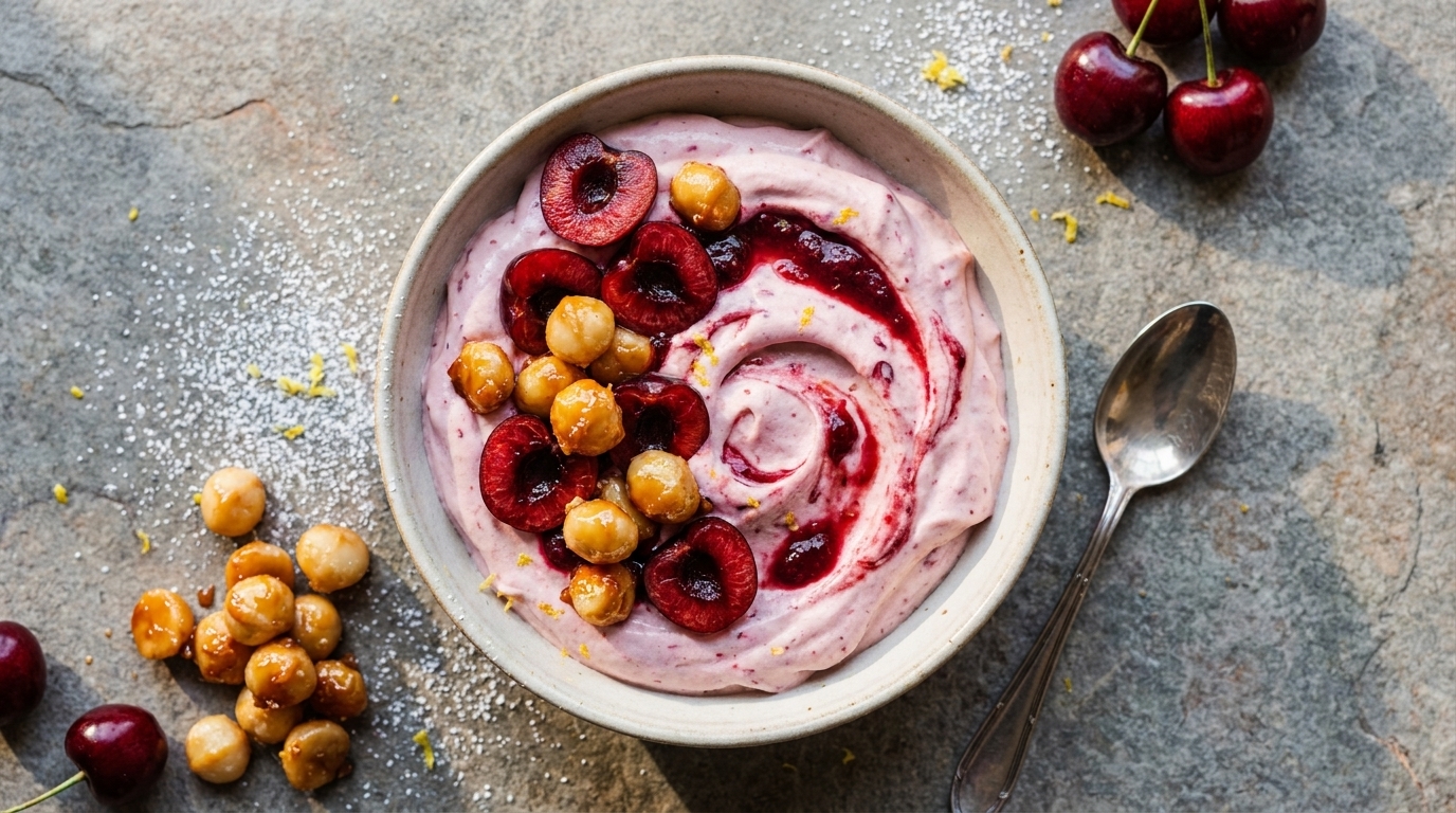 Schale mit rosa Joghurt-Bowl, garniert mit halbierten Kirschen, Kirschsoße und knusprigen, gerösteten Nüssen.