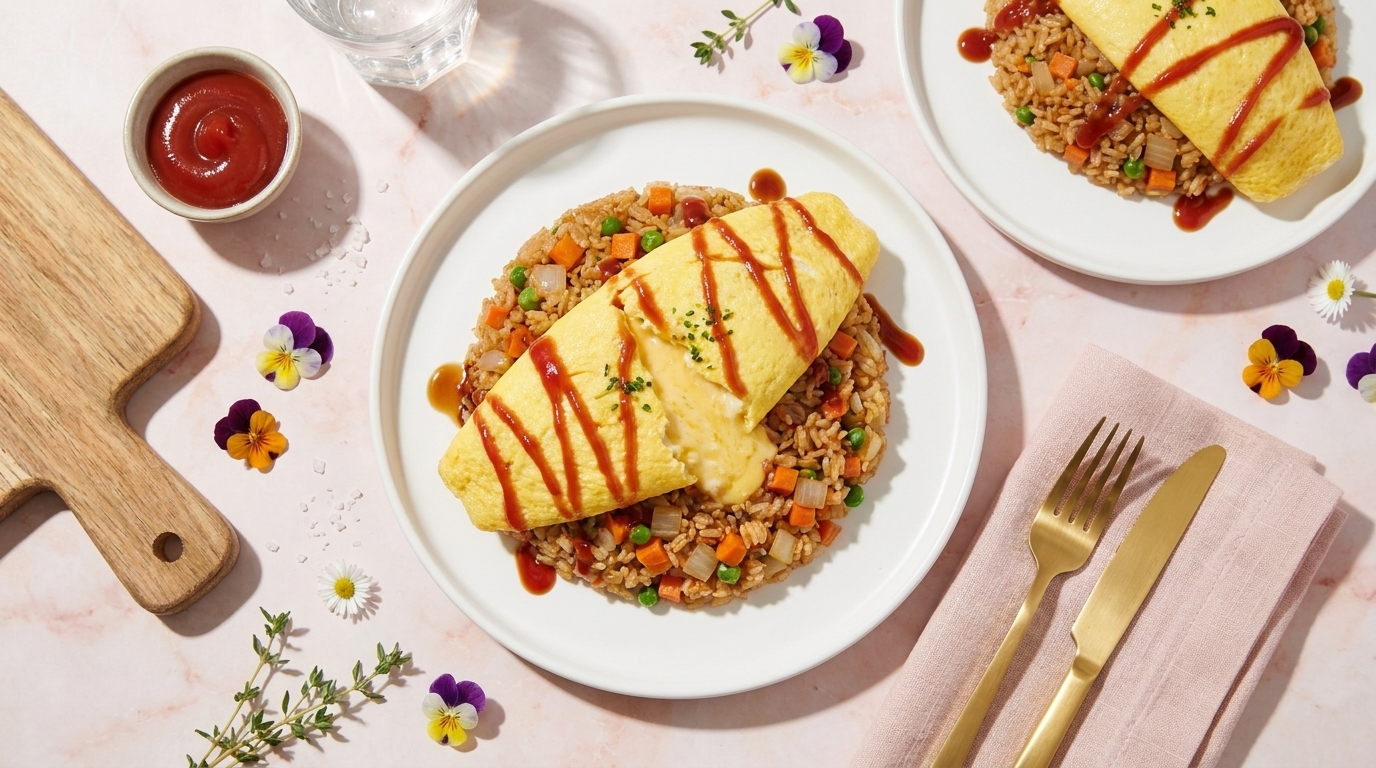 Teller mit Omurice: flauschiges Omelett auf gebratenem Reis mit Erbsen und Karotten, garniert mit Ketchupstreifen und Kräutern.