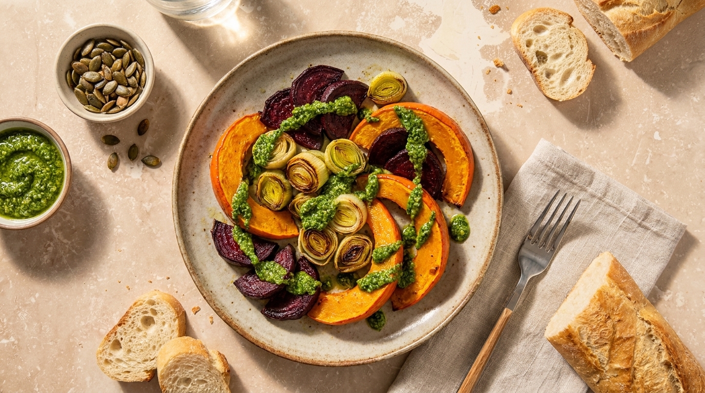 Herbstliches Ofengemüse mit Pesto Topping