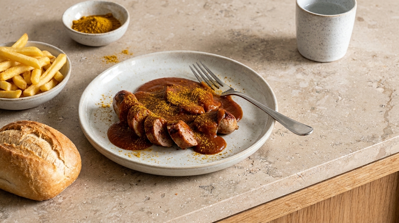 Teller mit geschnittener Currywurst, bedeckt mit Currysauce und Currypulver, daneben Gabel, Schale mit Pommes, Brötchen und Becher auf dem Tisch.