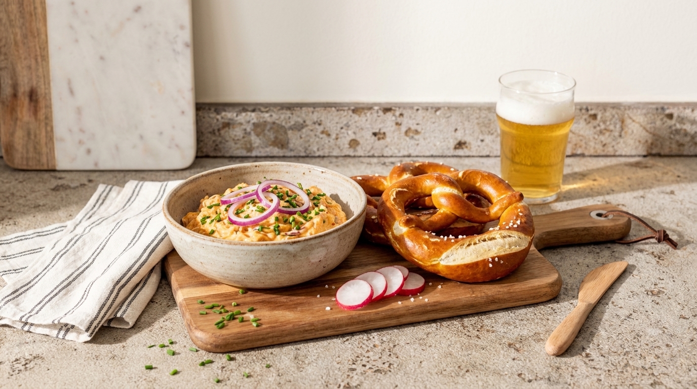 Schale mit würzigem Käseaufstrich, garniert mit roten Zwiebelringen und Schnittlauch; daneben zwei Laugenbrezeln, Radieschenscheiben und ein Glas Bier auf einem Holzbrett.