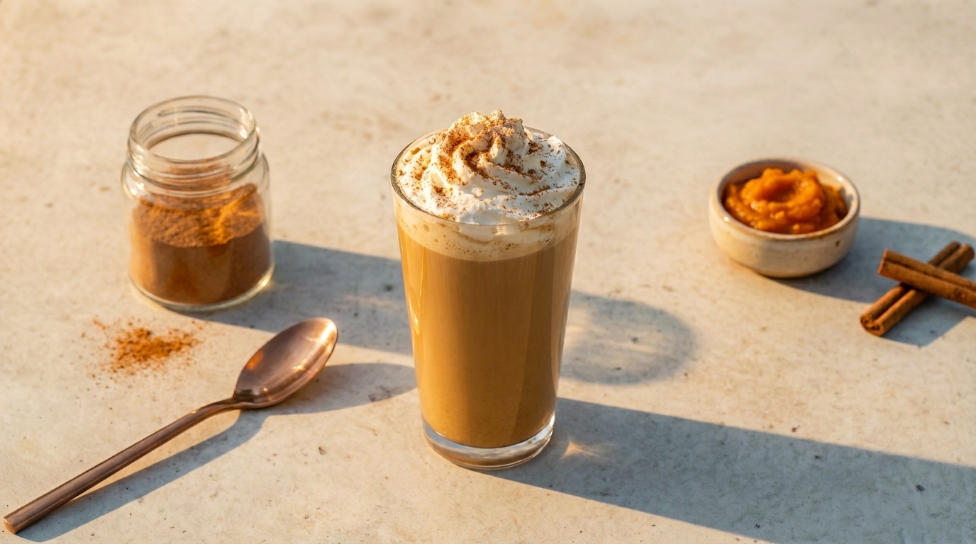 Glas mit Kürbisgewürz‑Latte: milchiger Kaffee, oben Schlagsahne und mit Zimt bestreut.