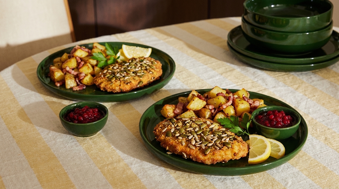 Schnitzel in Kürbiskern-Kräuterpanade