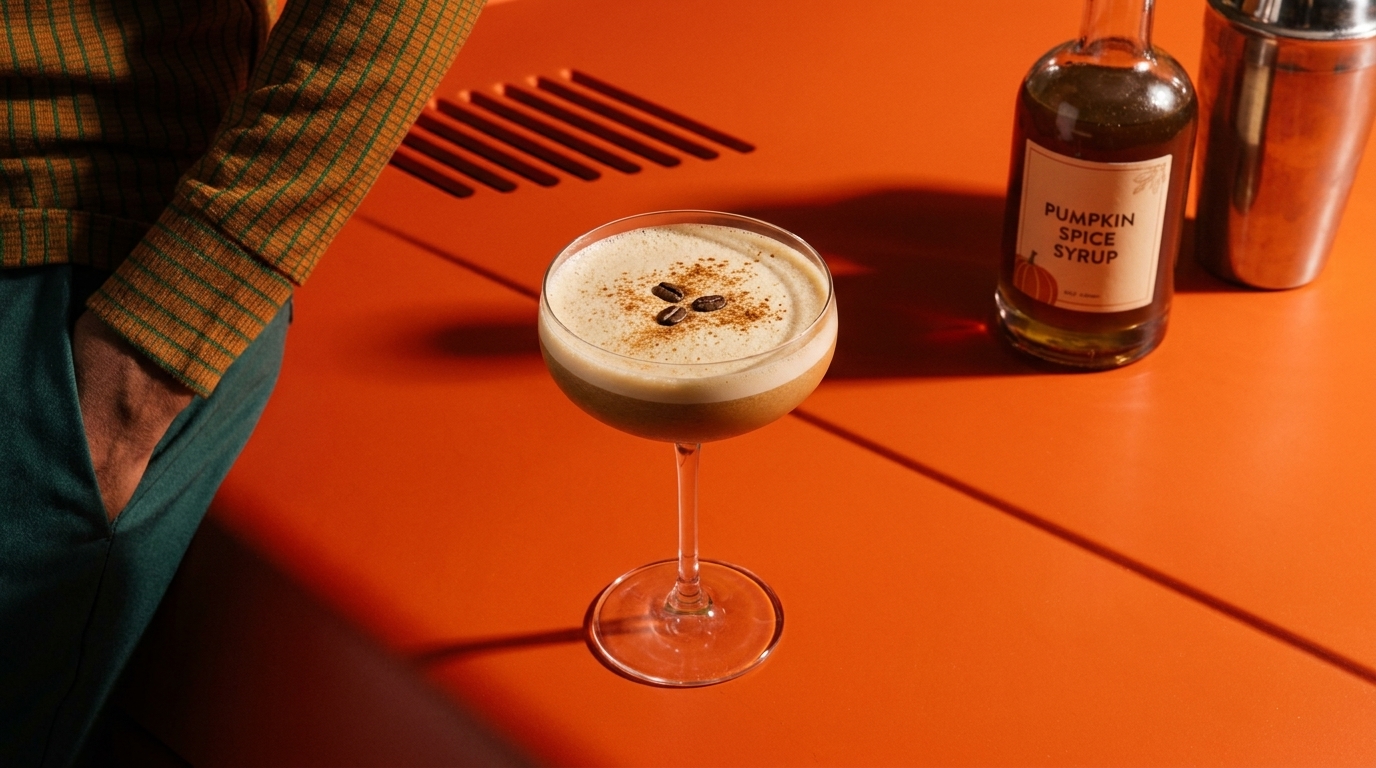 Cremiger Cocktail in Coupéglas mit Schaumschicht und drei Kaffeebohnen als Garnitur auf orangefarbener Theke, daneben Flasche mit "Pumpkin Spice Syrup" und Cocktailshaker.