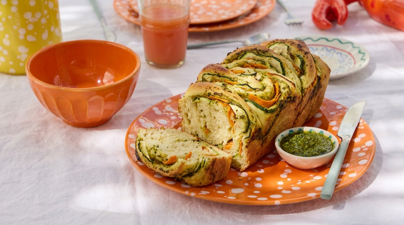 Aufgeschnittener, geflochtener herzhafter Zopf mit grünem Kräuter‑Pesto‑Muster auf orange‑weiß gepunktem Teller; daneben kleines Schälchen Pesto und Messer, gedeckter Brunch-Tisch.