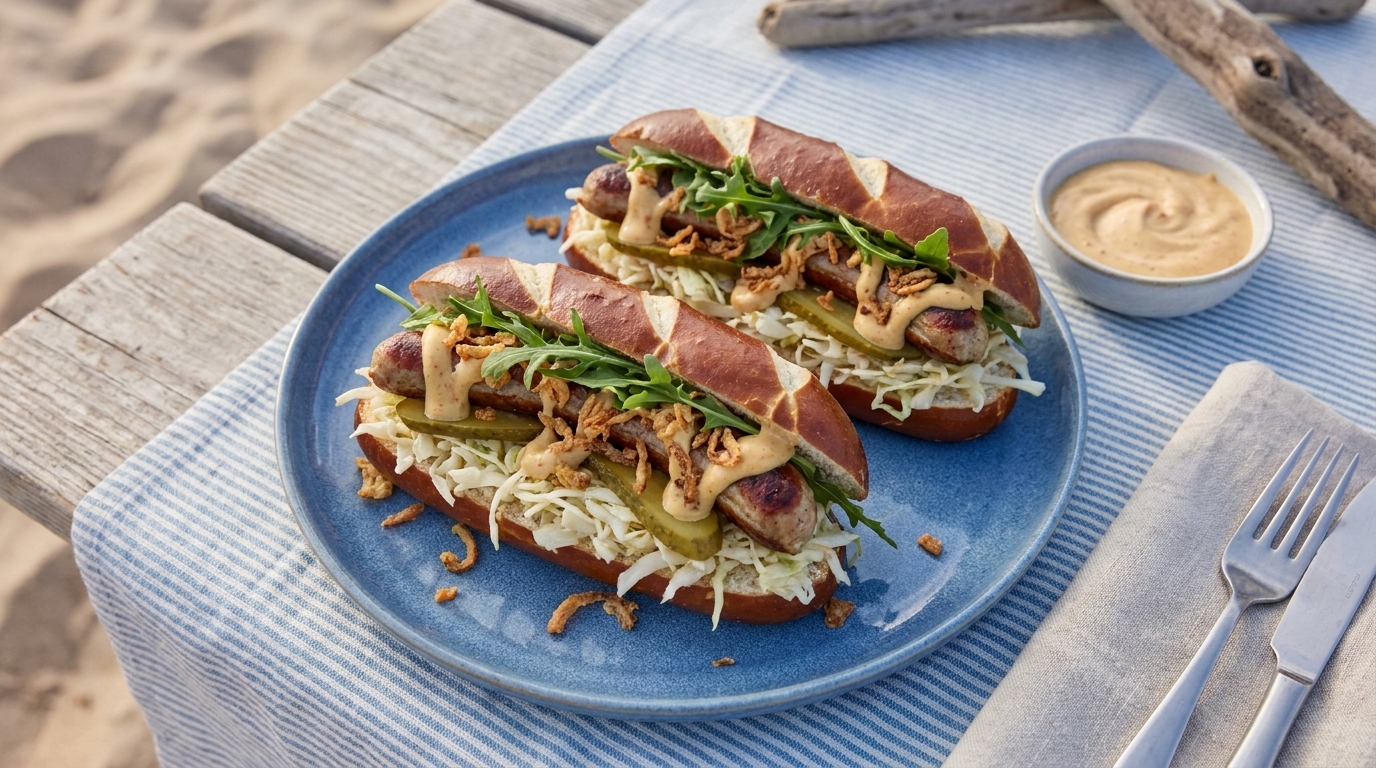 Zwei Bratwurst-Brötchen in Laugenbrötchen auf blauem Teller, belegt mit Weißkohlsalat, Gewürzgurken, Rucola, knusprigen Röstzwiebeln und Senf; daneben kleines Schälchen Sauce.