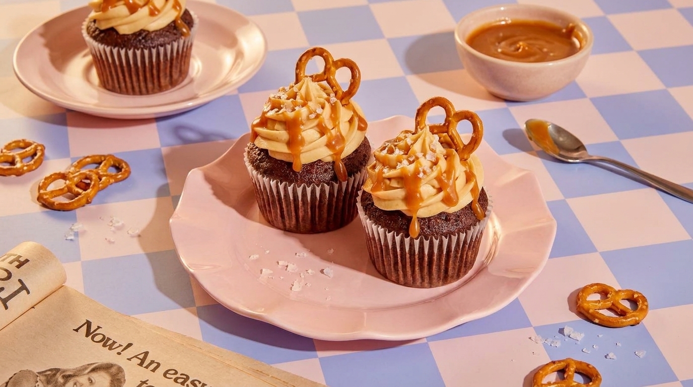 Zwei Schokoladen-Cupcakes mit karamellfarbener Buttercreme und Salzbrezeln als Dekor auf einem rosa Teller, auf kariertem Tisch.