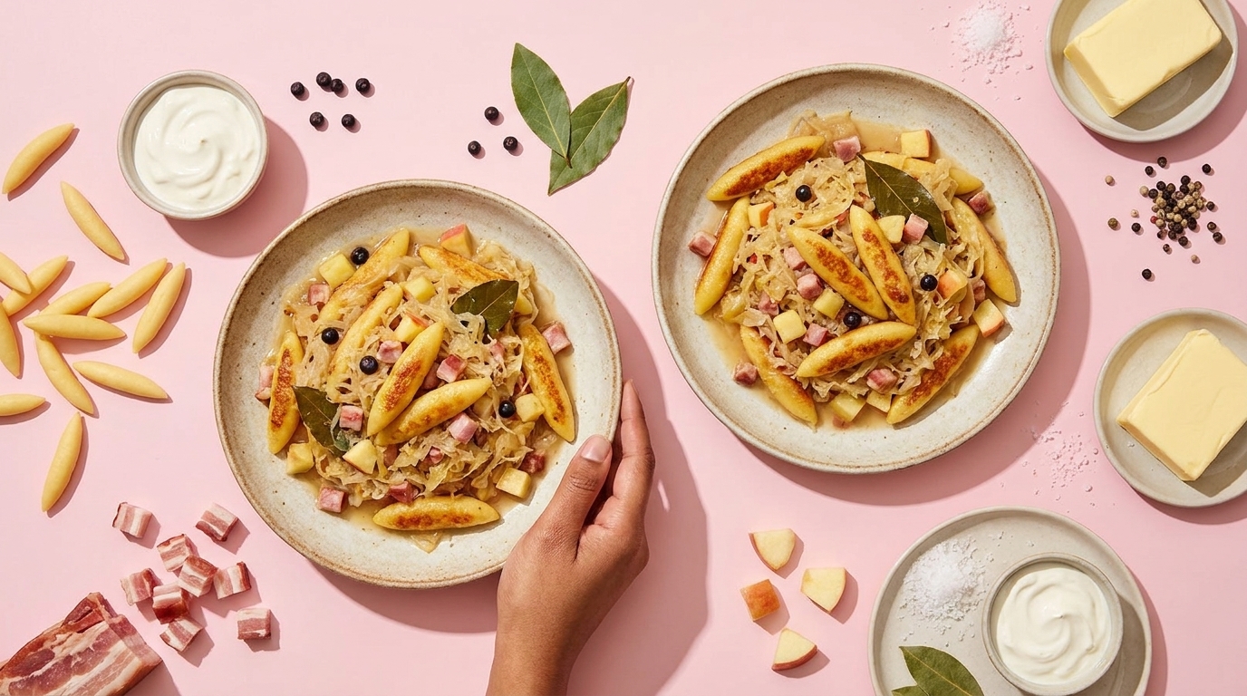 Zwei Schalen Pasta in cremiger Sauce mit gebräunten Nudeln, gewürfeltem Speck, schwarzen Oliven und Lorbeerblatt; eine Hand greift nach einer Schale.