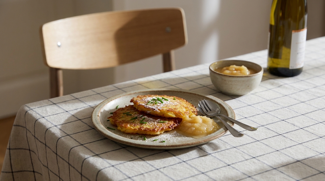 Teller mit drei goldbraunen Kartoffelpuffern, garniert mit Kräutern, daneben Apfelmus in einer kleinen Schale und Besteck auf einem karierten Tisch.