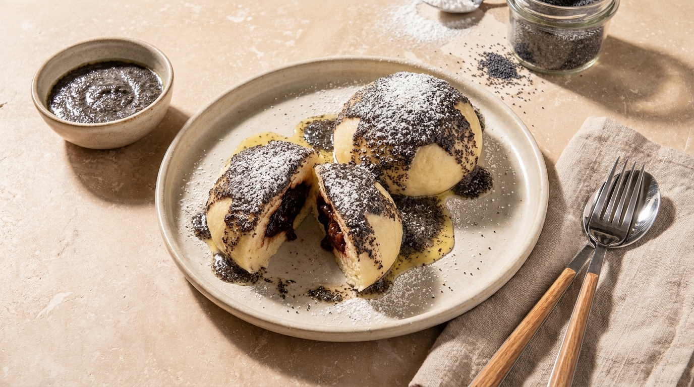 Drei süße Hefeknödel mit dunkler Mohnfüllung, einer halb aufgeschnitten, auf einem Teller mit Puderzucker bestreut.