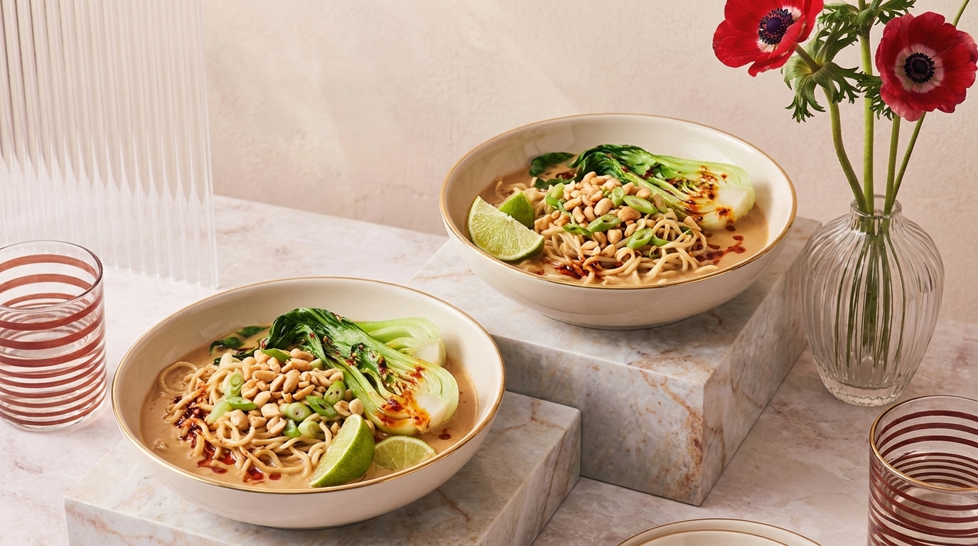 Zwei Schalen asiatischer Nudelsuppe mit Nudeln, Pak Choi, Limettenvierteln, Frühlingszwiebeln und gehackten Erdnüssen in klarer Brühe.