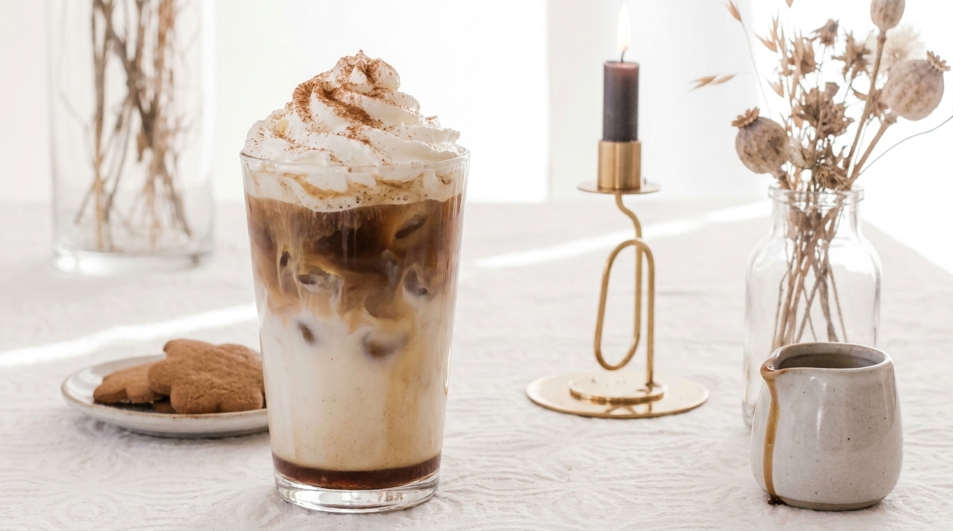 Glas Eiskaffee mit geschichteten Milch- und Kaffeeschichten, Eiswürfeln, Sahnehaube und Zimtpulver; daneben Teller mit Keksen und kleines Milchkännchen auf einem Tisch.