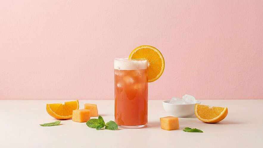 Ein Glas mit einem sommerlichen Cocktail steht auf einem hellen Tisch. Der Drink enthält Eiswürfel und ist mit einer Orangenscheibe dekoriert. Rundherum liegen einige orangefarbene Früchte und frische Minzblätter. Der Hintergrund ist in sanften Rosa-Tönen gehalten.