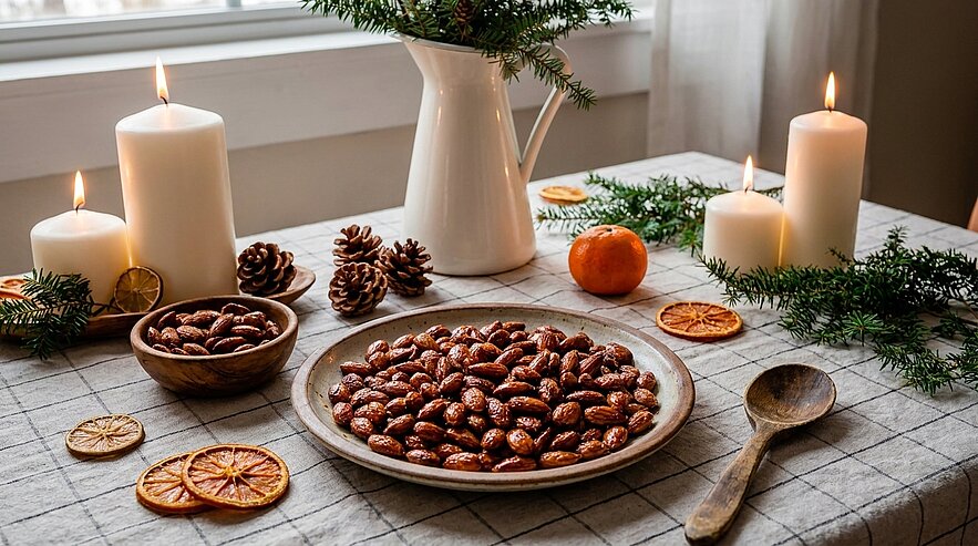 Festliche Tischszene: Teller mit gebrannten Mandeln im Mittelpunkt, daneben Schale, Holzlöffel, Tannenzweige, getrocknete Orangenscheiben, Tannenzapfen und brennende Kerzen.