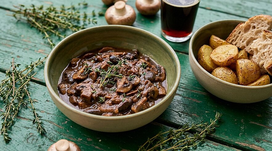 Schale mit herzhaftem Ragout aus Rindfleisch und Champignons, garniert mit Thymian; daneben Schale mit gebackenen Kartoffeln und Brot.
