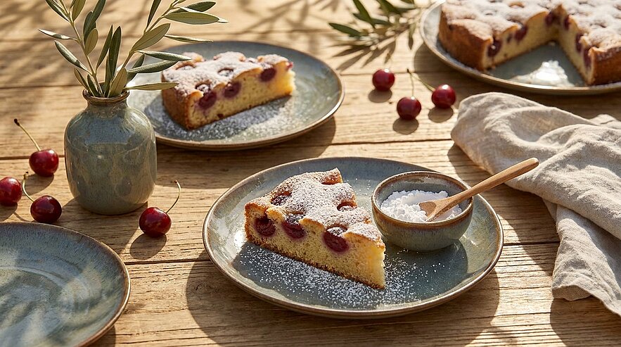 Auf einem Holztisch steht ein Stück Kirschkuchen mit Puderzucker auf einem Teller. Daneben liegt eine kleine Schüssel mit Zucker und ein Löffel. Im Hintergrund sind ein Blumenvase mit Zweigen und mehrere Kirschen sichtbar.
