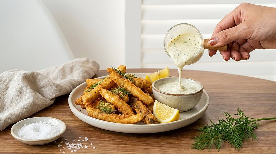 Knusprige, goldbraune Fischstäbchen auf einem Teller mit Zitronenspalten und Dill; daneben wird cremige Kräutersoße aus einem kleinen Krug gegossen.